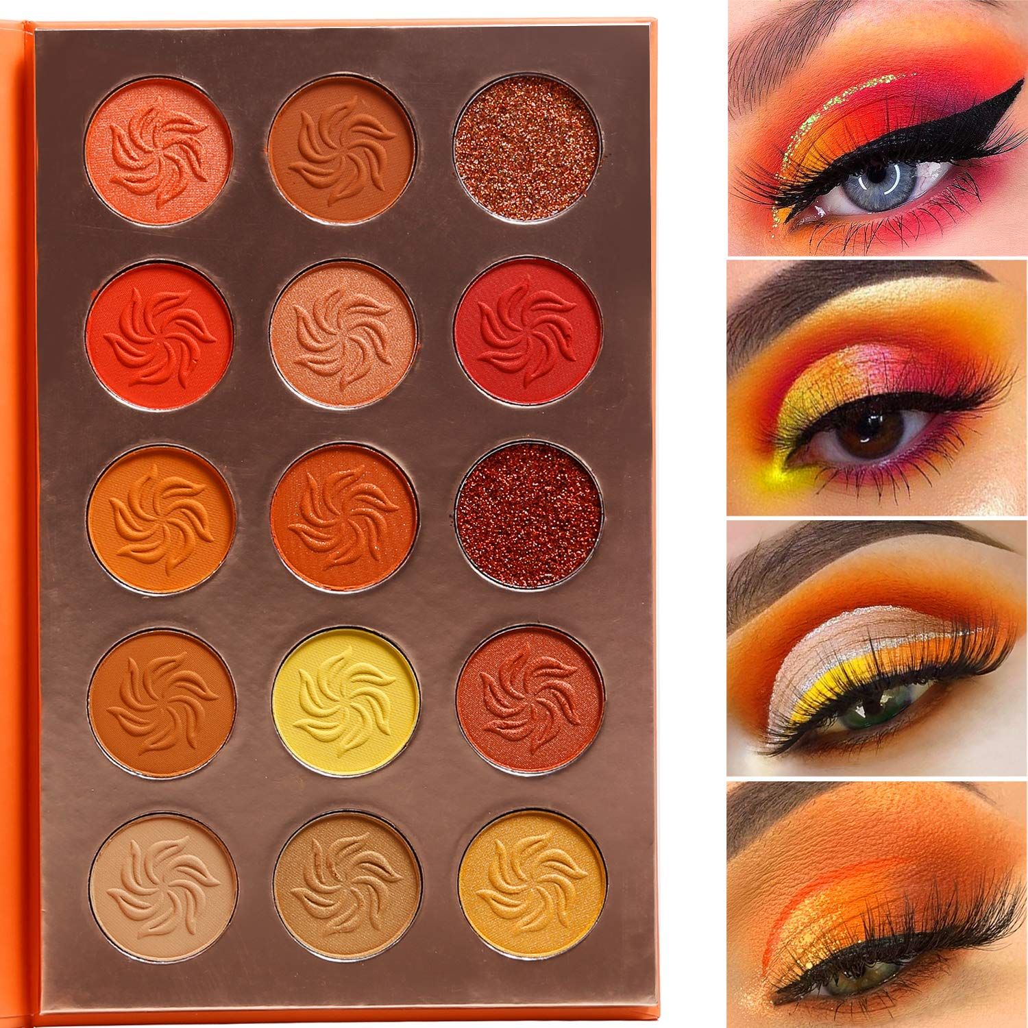 Afflano Red Orange Eyeshadow Palette Sunset 15 Color, Highly Pigmented Glam Fall Eye Shadow Makeup Palettes, Nudetude Brown Yellow Gold Orange Matte Glitter Shimmer Warm Eyeshadow Pallet