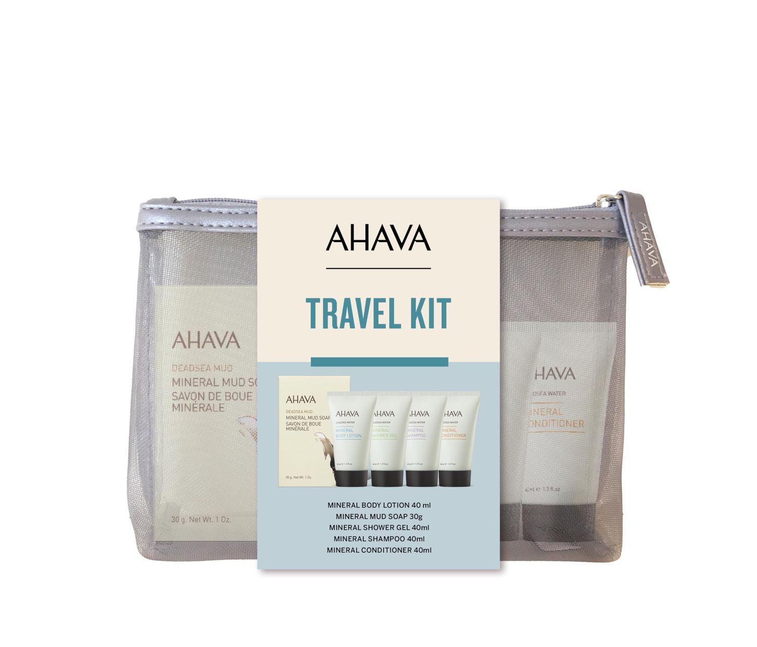 AHAVA Travel Kit - Includes Dead Sea Mineral Body Lotion 1.3 Fl.Oz, Mineral Shower Gel 1.3 Fl.Oz, Mineral Conditioner 1.3 Fl.Oz, Mineral Shampoo 1.3 Fl.Oz &amp; Mineral Mud Soap 1 Oz.