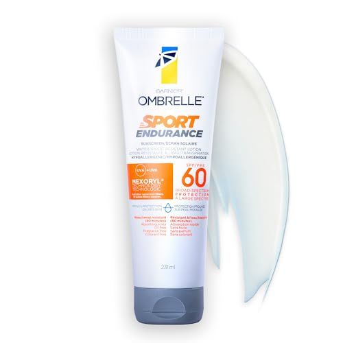 GARNIER Ombrelle Sport Sunscreen Lotion, SPF 60, Sweat + Water Resistant, Fast Drying, Hypoallergenic, Fragrance Free, 231mL, Ombrelle Sport Endurance Water Resistant Sunscreen SPF 60, 231 mL