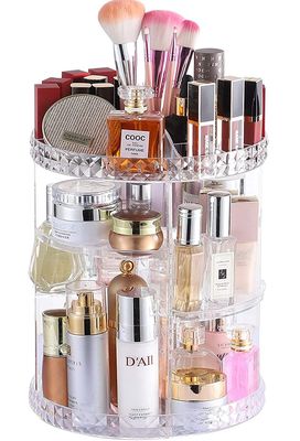 Cq acrylic 360 Degree Rotating Skin Care Organizer Countertop For Vanit,Adjustable Make up Holder Height,Clear Plastic Spinning Makeup Organizer for Skincare Beauty Product Bathroom Organizer,1Pcs