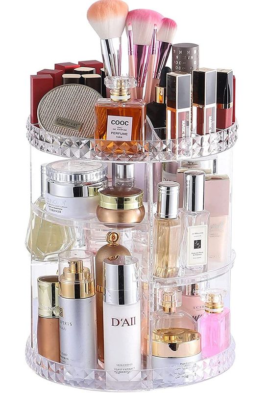 Cq acrylic 360 Degree Rotating Skin Care Organizer Countertop For Vanit,Adjustable Make up Holder Height,Clear Plastic Spinning Makeup Organizer for Skincare Beauty Product Bathroom Organizer,1Pcs