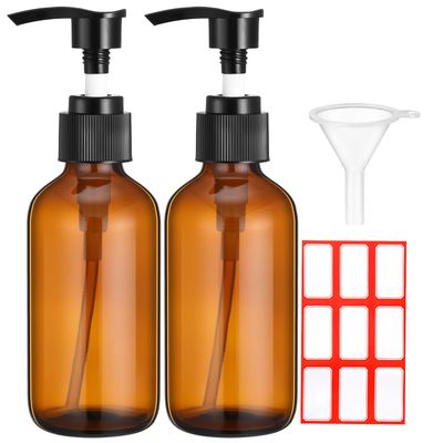 Fumete 2 Pack Glass Bottles 4oz Empty Bottle Refillable Liquid Containers with 1 Label 1 Funnel for Essential Oils Hair Travel Plants Cleaning Skin Care(Amber, Black Top,Pump Bottle)