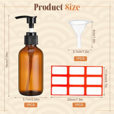 Fumete 2 Pack Glass Bottles 4oz Empty Bottle Refillable Liquid Containers with 1 Label 1 Funnel for Essential Oils Hair Travel Plants Cleaning Skin Care(Amber, Black Top,Pump Bottle)