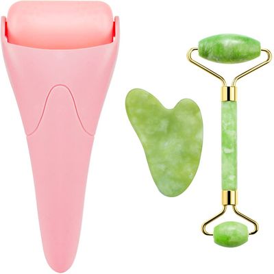 3-in-1 Natural Jade Roller and Gua Sha Set for Face and Eye Ice Roller Facial Cooling Massage Roller
