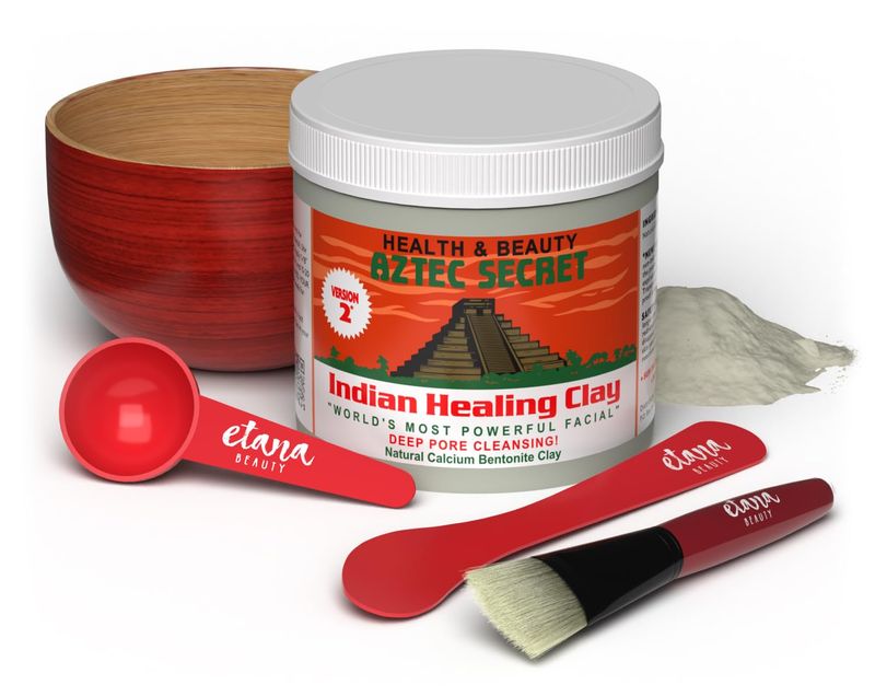 Aztec Secret Essential Indian Clay Mask Kit by Etana - 100% Natural Calcium Bentonite for Deep Pore Cleansing - Facial, Hair &amp; Body Detox Set With Accessories