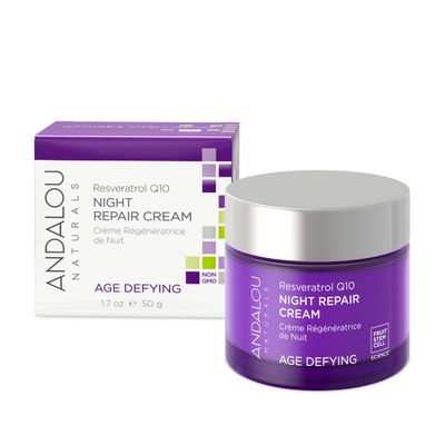 Andalou Naturals Resveratrol Q10 Night Repair Cream, For Dry Skin, Fine Lines &amp; Wrinkles, For Softer, Smoother, Younger Looking Skin, 1.7 Ounce