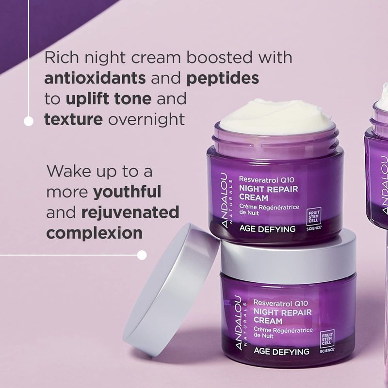 Andalou Naturals Resveratrol Q10 Night Repair Cream, For Dry Skin, Fine Lines &amp; Wrinkles, For Softer, Smoother, Younger Looking Skin, 1.7 Ounce