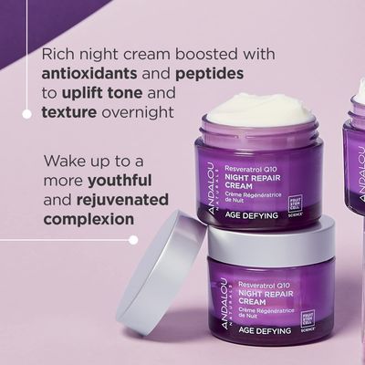 Andalou Naturals Resveratrol Q10 Night Repair Cream, For Dry Skin, Fine Lines &amp; Wrinkles, For Softer, Smoother, Younger Looking Skin, 1.7 Ounce