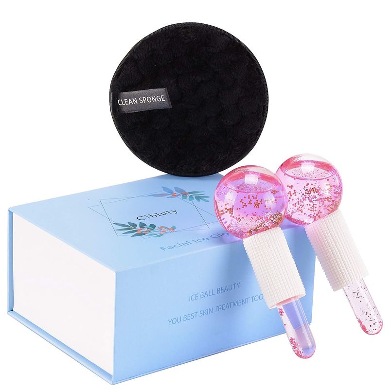 CIBLUTY Facial Ice beauty ball- 2PC Globes Pink Facial Roller for Cold or Hot Skin Massagers Globe Durable Quartz Glass for Face and Eye Rollers Reduce Puffiness
