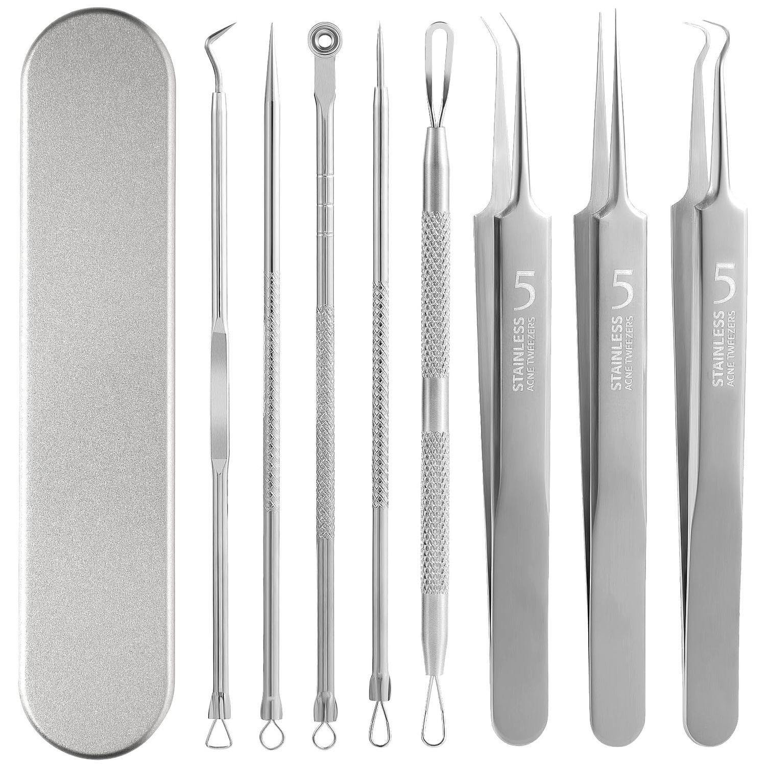 FEITA Blackhead Remover Comedone Extractor Tool, Face Black Head Needle &amp; Curved Tip Acne Tweezers Kit with Metal Box, Facial Stainless Pimple Removal Tools Kit for Nose, Silver 8Pcs