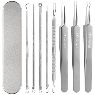 FEITA Blackhead Remover Comedone Extractor Tool, Face Black Head Needle &amp; Curved Tip Acne Tweezers Kit with Metal Box, Facial Stainless Pimple Removal Tools Kit for Nose, Silver 8Pcs