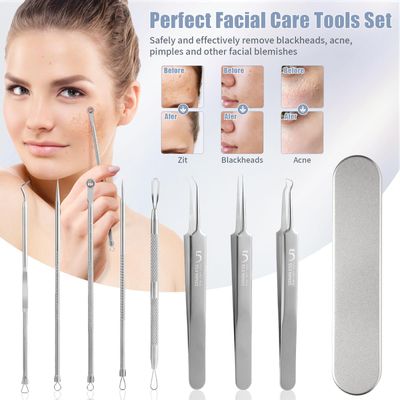 FEITA Blackhead Remover Comedone Extractor Tool, Face Black Head Needle & Curved Tip Acne Tweezers Kit with Metal Box, Facial Stainless Pimple Removal Tools Kit for Nose, Silver 8Pcs