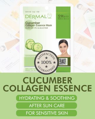 DERMAL Cucumber Collagen Essence Facial Mask Sheet 23g Pack of 100 - Soothing &amp; Moisturizing, Redness &amp; Sunburn Relief, Daily Skin Treatment Solution Sheet Mask