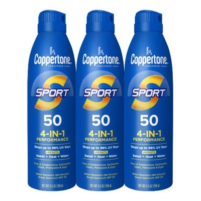 Coppertone Sport SPF 50 Sunscreen Spray, Body Sunscreen, Water Resistant Spray Sunscreen, Bulk Sunscreen, 5.5 Oz, Pack of 3 (Packaging May Vary)