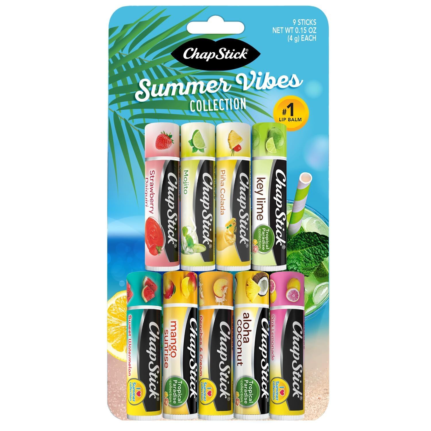 ChapStick Summer Vibes Collection - Tropical Paradise, Mocktail, and I Love Summer Lip Balm Collections, 0.15 Oz Ea (9 Piece Set)