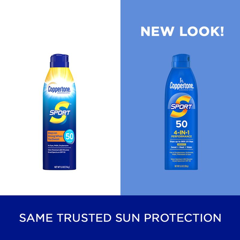 Coppertone Sport SPF 50 Sunscreen Spray, Body Sunscreen, Water Resistant Spray Sunscreen, Bulk Sunscreen, 5.5 Oz, Pack of 3 (Packaging May Vary)