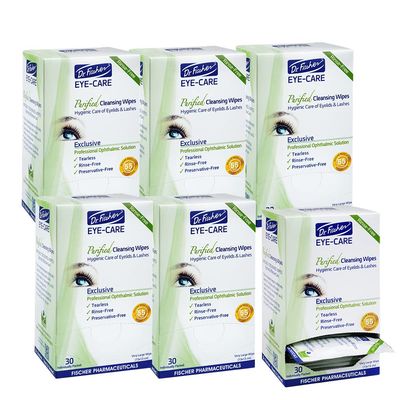 Dr. Fischer Eye Wipes - Hypoallergenic Eyelid Wipes for Everyday Eye Conditions and Gentle Makeup Remover. (6 packs of 30 wipes each)