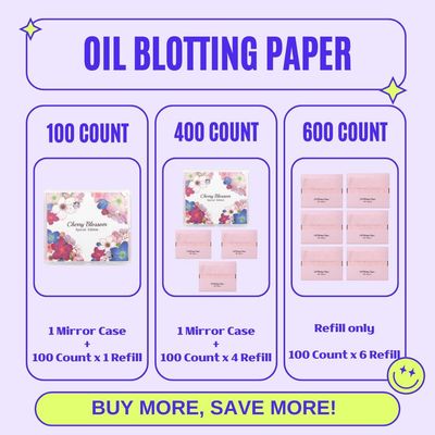 [100 Counts + Mirror Case] Cherry Blossom Natural Oil Blotting Paper for Face Korean with Mirror Case