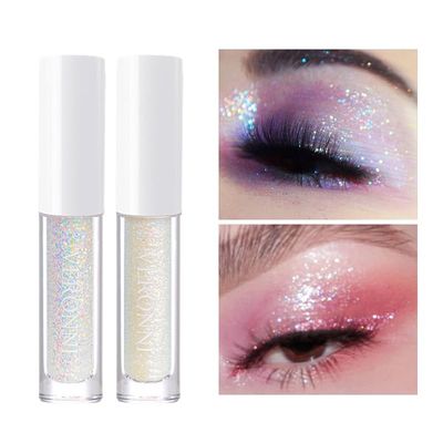 CHARMFORYOU Liquid Glitter Eyeshadow Gel Holographic &amp; Silver Glitter Eye Shadow Makeup Set 2 pcs Shimmer Liquid Eyeshadow Waterproof Long Lasting Shiny Body Glitter Shadow for Women Girls(#01#03)