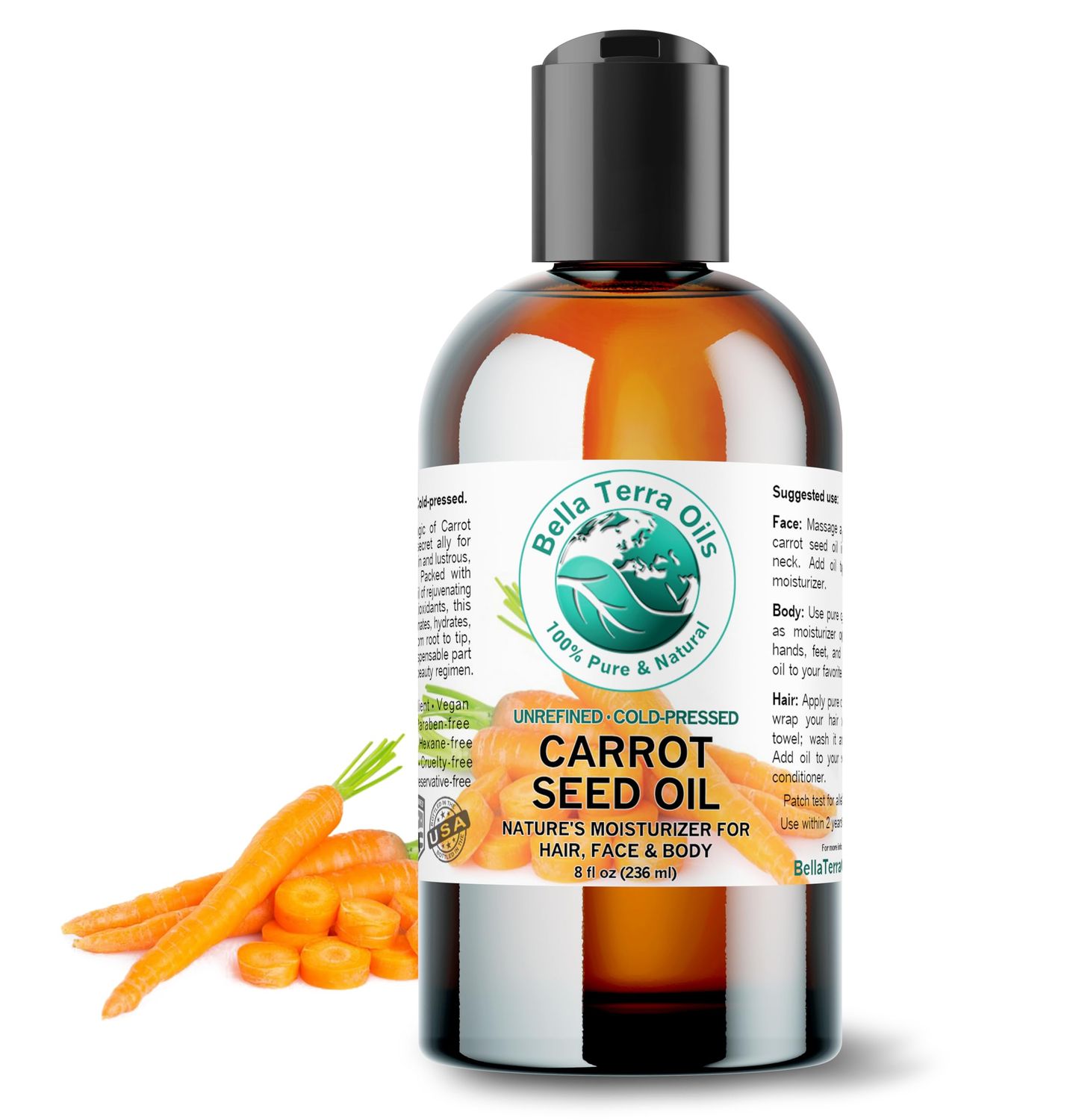 Bella Terra Oils - Organic Carrot Seed Oil 8 oz - Not Just for Tanning, Packed with Antioxidants, Cold-Pressed for Ultimate Skin Embrace &amp; Natural Shine