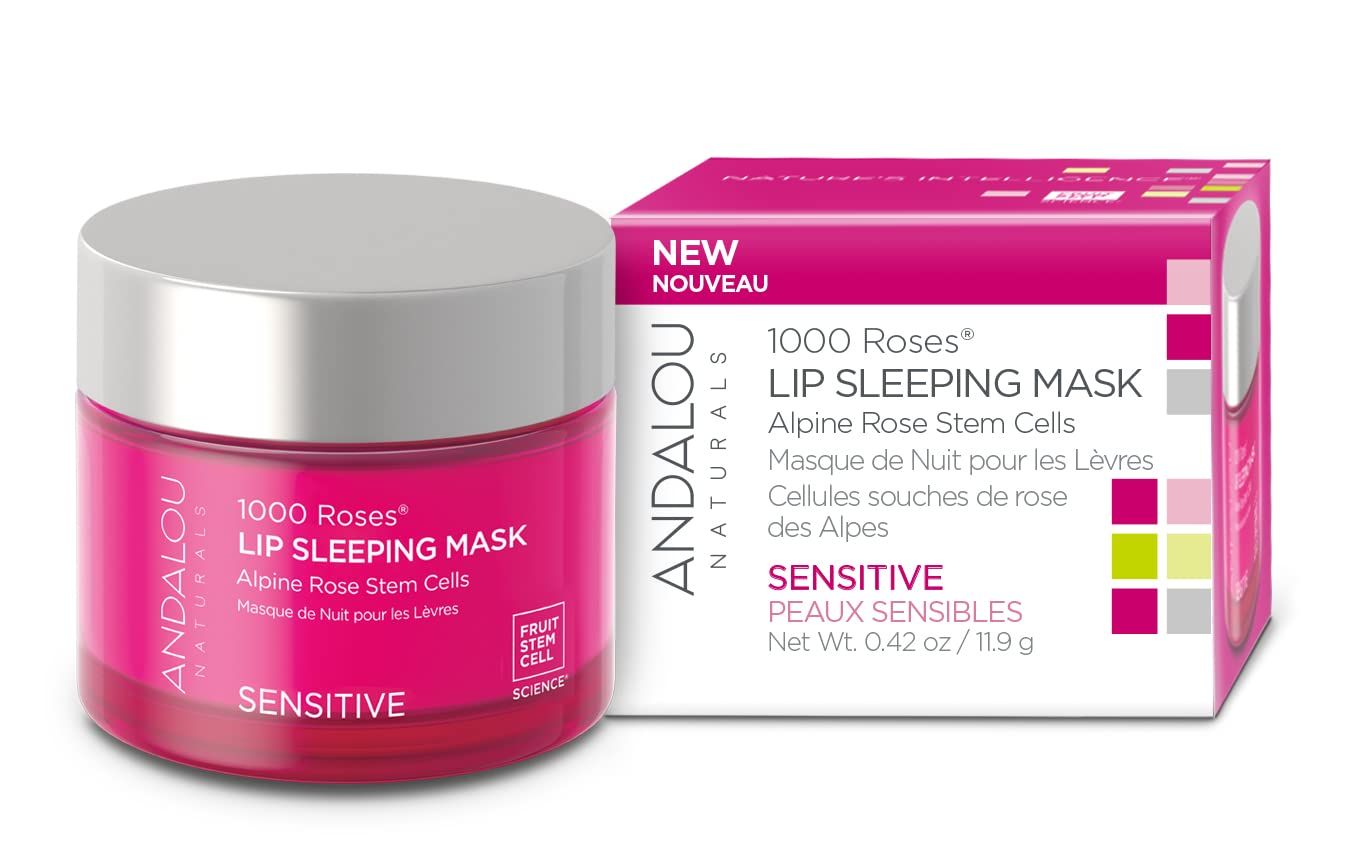 Andalou Naturals Lip Mask 1000 ROSES, Overnight Lip Sleeping Mask for Dry, Chapped Lips, Plumping, Hydrating &amp; Soothing Lip Balm with Alpine Rose Stem Cells, Vegan &amp; Cruelty-Free, 0.42 Oz