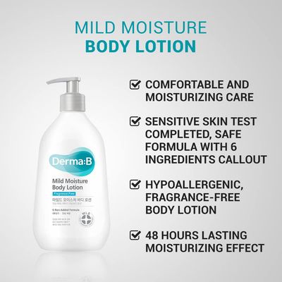 DERMA B Mild Moisture Body Lotion, Fragrance-Free Non-Irritating Body Moisturizer for Dry &amp; Sensitive Skin with Witch Hazel, Unscented Fast-Absorbing Moisturizing Korean Skincare,13.5 Fl Oz,400ml
