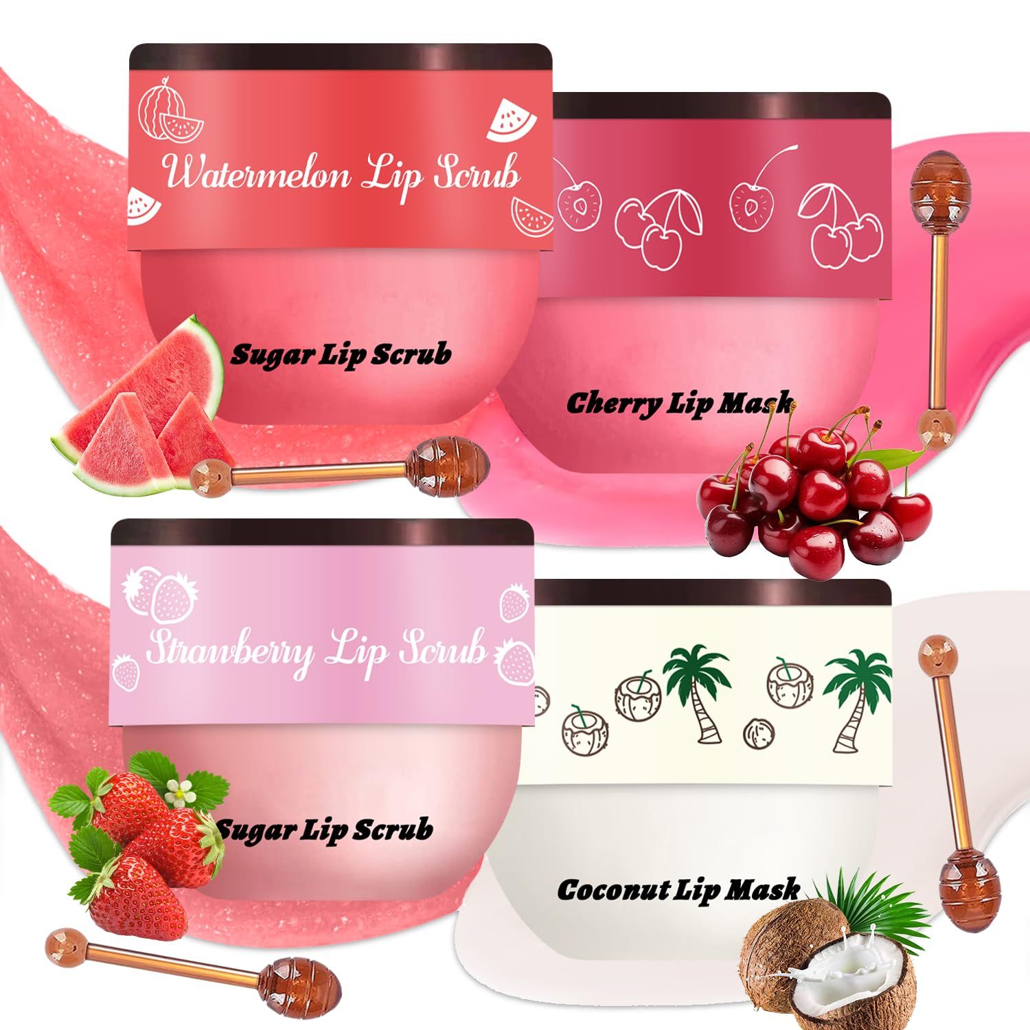 4 PCS Bee Lip Balm Honey Pot Lip Mask &amp; Lip Scrub Set, Strawberry Watermelon Coconut Cherry Overnight Propolis Moisturizing Lip Balm Hydrating Prevention Dry and Crack Lip Exfoliator Lip Wrinkle Care