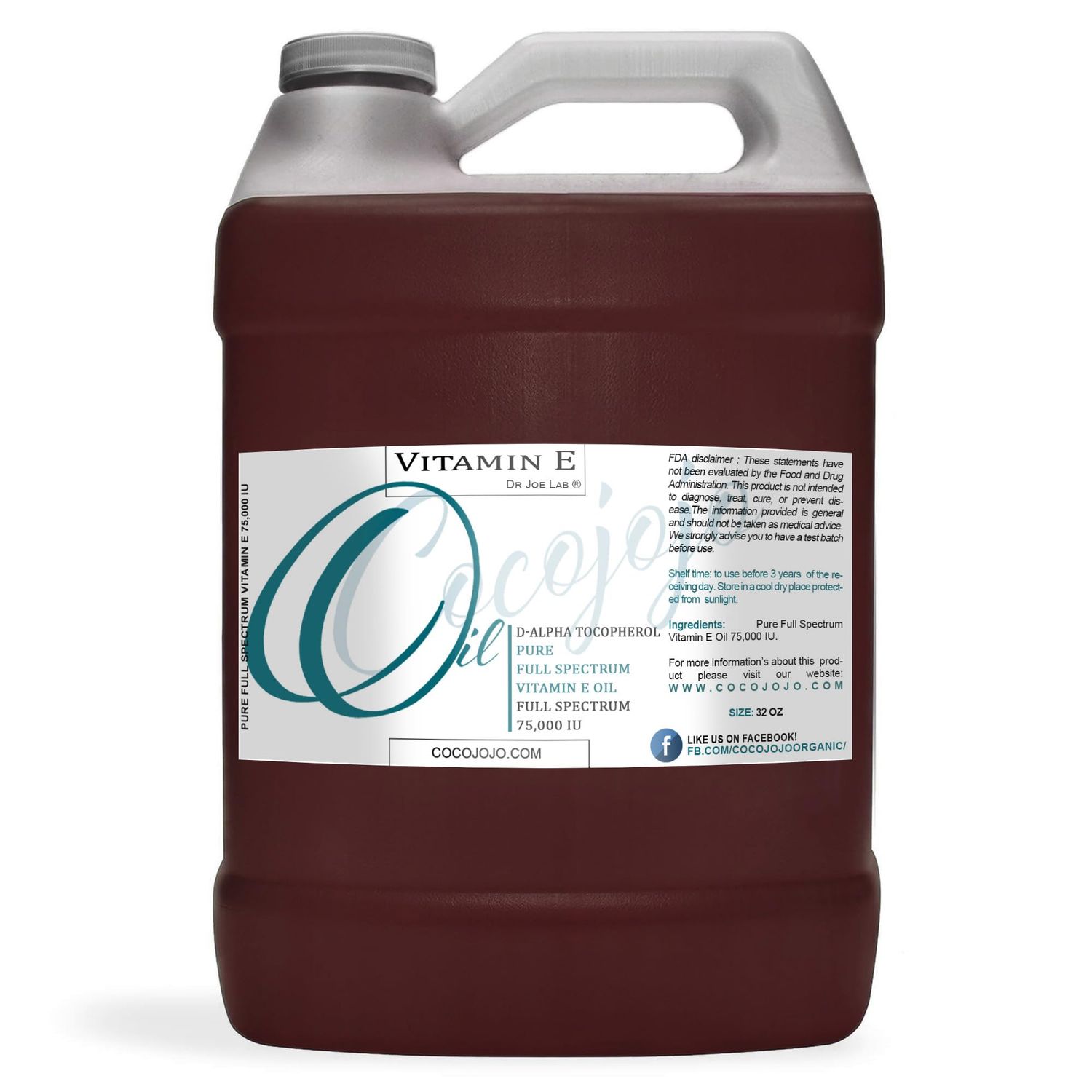 cocojojo Vitamin E Oil - Pure &amp; Undiluted, Full Spectrum, Alpha Tocopherol, 75,000 IU - 1 Gallon - For Skin, Hair, Nails, Body Care Hydrating Rejuvenating Skin Oil