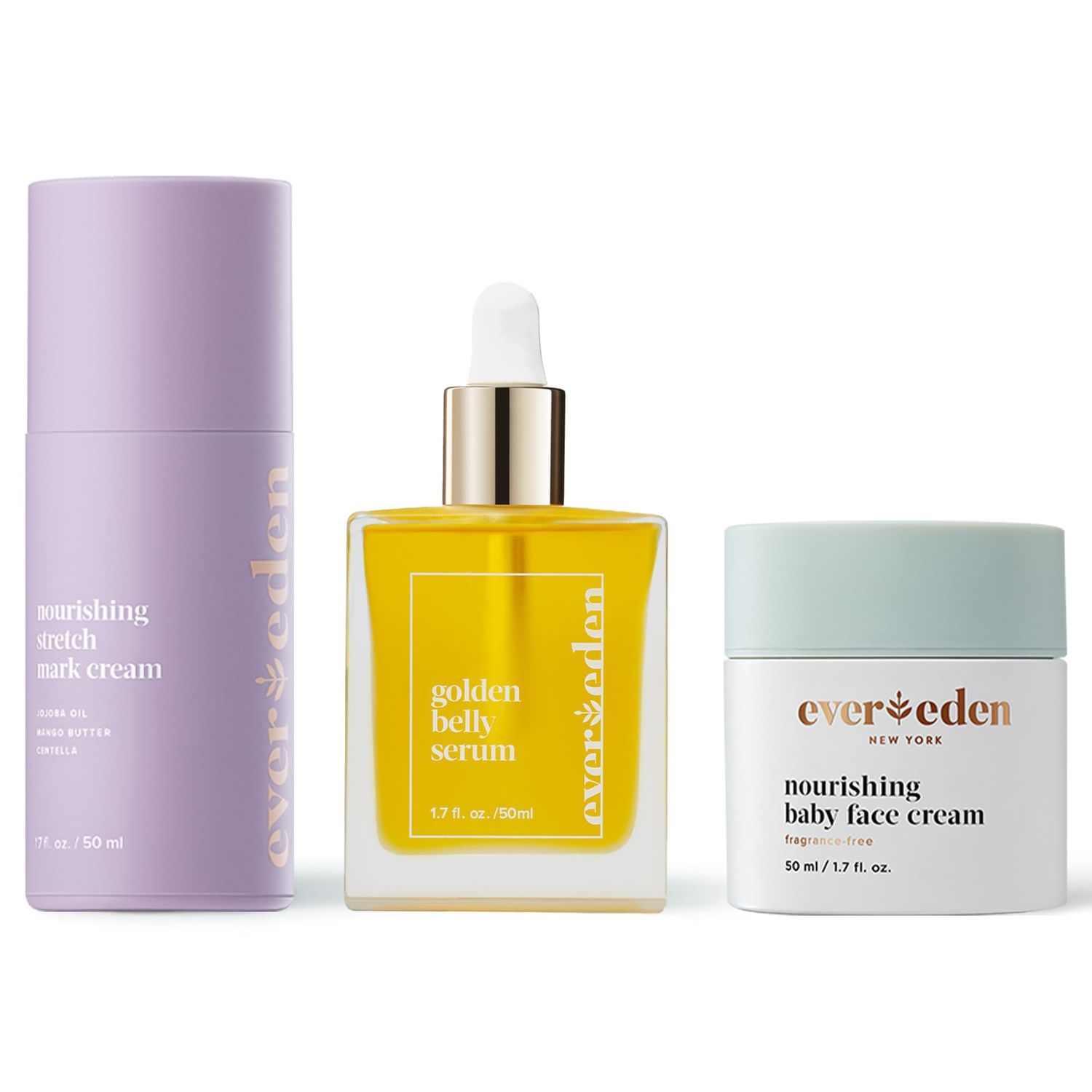 Evereden Mama &amp; Baby Discovery Set - Dermatologist-Developed Clean &amp; Vegan Maternity Skin Care Bundle - Stretch Mark Cream, Belly Serum, &amp; Nourishing Baby Face Cream - Postpartum Gifts for New Mom