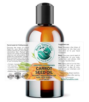 Bella Terra Oils - Organic Carrot Seed Oil 8 oz - Not Just for Tanning, Packed with Antioxidants, Cold-Pressed for Ultimate Skin Embrace &amp; Natural Shine