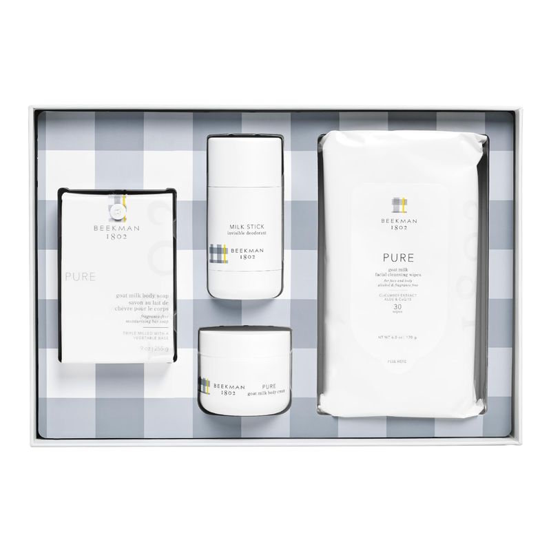 Beekman 1802 Pure Goat Milk 4-Piece Bodycare Gift Set - Includes Body Bar Soap (9 oz), Whipped Body Cream Mini (2 fl oz), Facial Cleansing Wipes (30 ct) &amp; Milk Stick Natural Deodorant (2.5 oz)