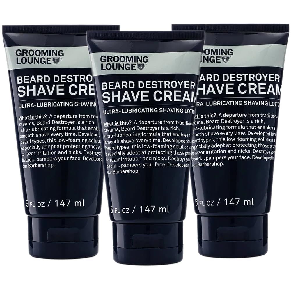 Grooming Lounge Beard Destroyer Shave Cream for Men - Bump, Irritation &amp; Razor Burn Free Shaving Cream Sensitive Skin, Men Beard Care - Soft, Smooth, Easy Glide Low Shaving Foam Lather Formula, 3-Pack