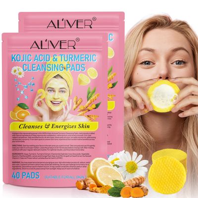 80Pcs Turmeric Kojic Acid Cleansing Pads, Kojic Acid and Turmeric Cleansing Pads, Turmeric Cleansing Pads for Face Dark Spots, Exfoliating Pads for Cleansing and Exfoliation, Helps Balance Skin Oil