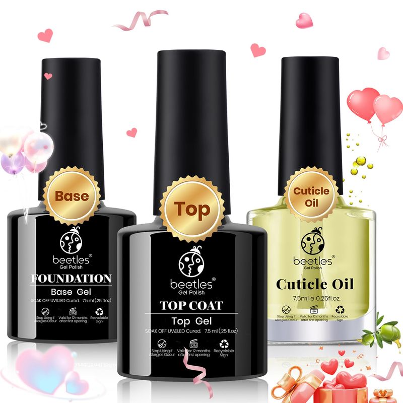 Beetles Gel Top Coat Base Coat and Cuticle Oil Set 3Pcs, No Wipe Top Gel Glossy Shine Long Lasting Valentine's Day Gift for Her, Cuticle Oil Care for Dry Damaged for Stronger Nails