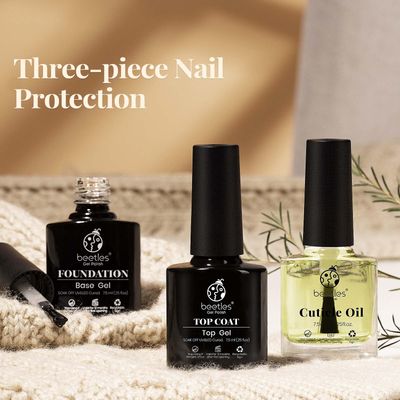 Beetles Gel Top Coat Base Coat and Cuticle Oil Set 3Pcs, No Wipe Top Gel Glossy Shine Long Lasting Valentine's Day Gift for Her, Cuticle Oil Care for Dry Damaged for Stronger Nails