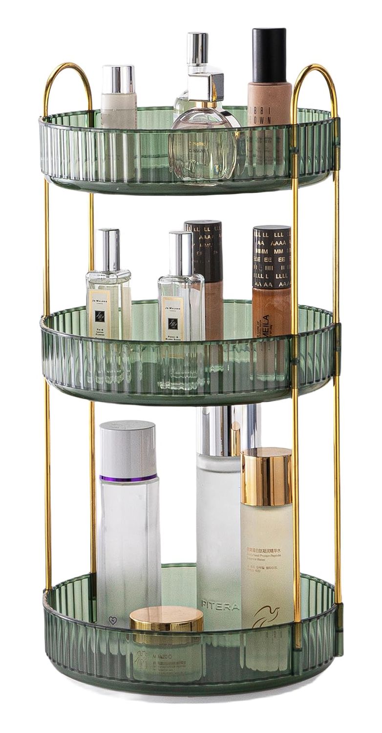 CESTATIVO Makeup Organizer for Vanity, 360 Rotating Bathroom Organizer Countertop, High-Capacity Skincare Organizer, Spinning Cosmetics Organizer for Dresser Countertop (3 Tiers, Green)