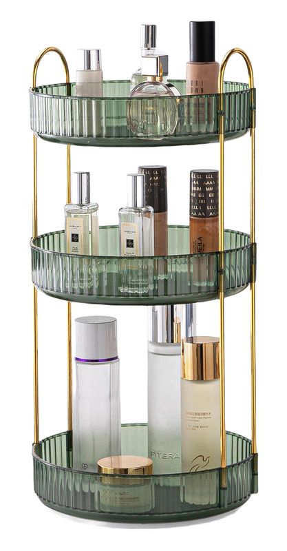 CESTATIVO Makeup Organizer for Vanity, 360 Rotating Bathroom Organizer Countertop, High-Capacity Skincare Organizer, Spinning Cosmetics Organizer for Dresser Countertop (3 Tiers, Green)