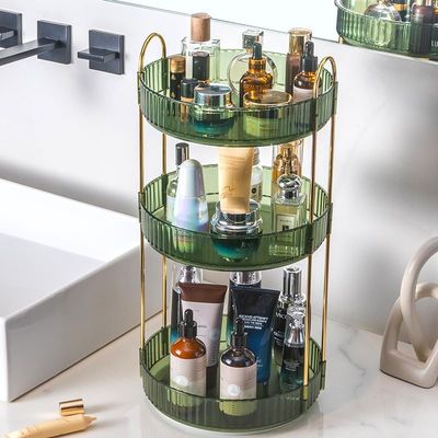 CESTATIVO Makeup Organizer for Vanity, 360 Rotating Bathroom Organizer Countertop, High-Capacity Skincare Organizer, Spinning Cosmetics Organizer for Dresser Countertop (3 Tiers, Green)