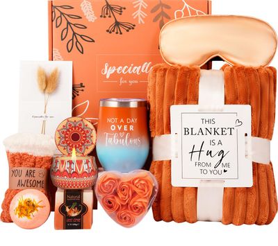 Gifts for Women,Mum,Wife,Girlfriend,Sister,Cozy Gifts, Happy Birthday,Luxury Self Care Get Well Gifts,Relaxing Spa Gifts Baskets w/ Blanket Socks Orange Rose,Mothers Day,Valentines Day Gifts for Her