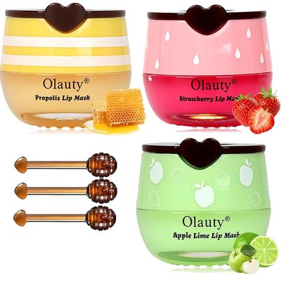 3 Pcs Bee Lip Balm Honey Pot,Honey Strawberry Lime Lip Mask,Lip Balm Moisturizing Lip Sleep Mask with Stick Hydrating &amp; Prevention Dry and Cracked (Honey Strawberry Lime)