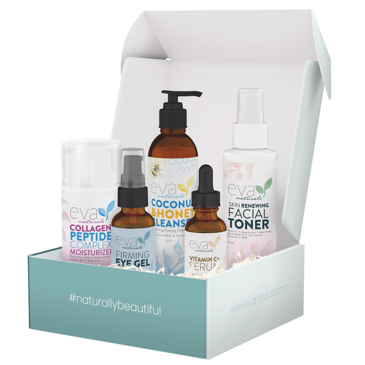 Eva Naturals Rejuvenating Skin Care Set - Exfoliate, Replenish &amp; Moisturize With Vitamin C Plus Serum, Bee Clean Cleanser, Eye Gel, Face Moisturizer &amp; Toner - Perfect Facial Cleanser Bundle
