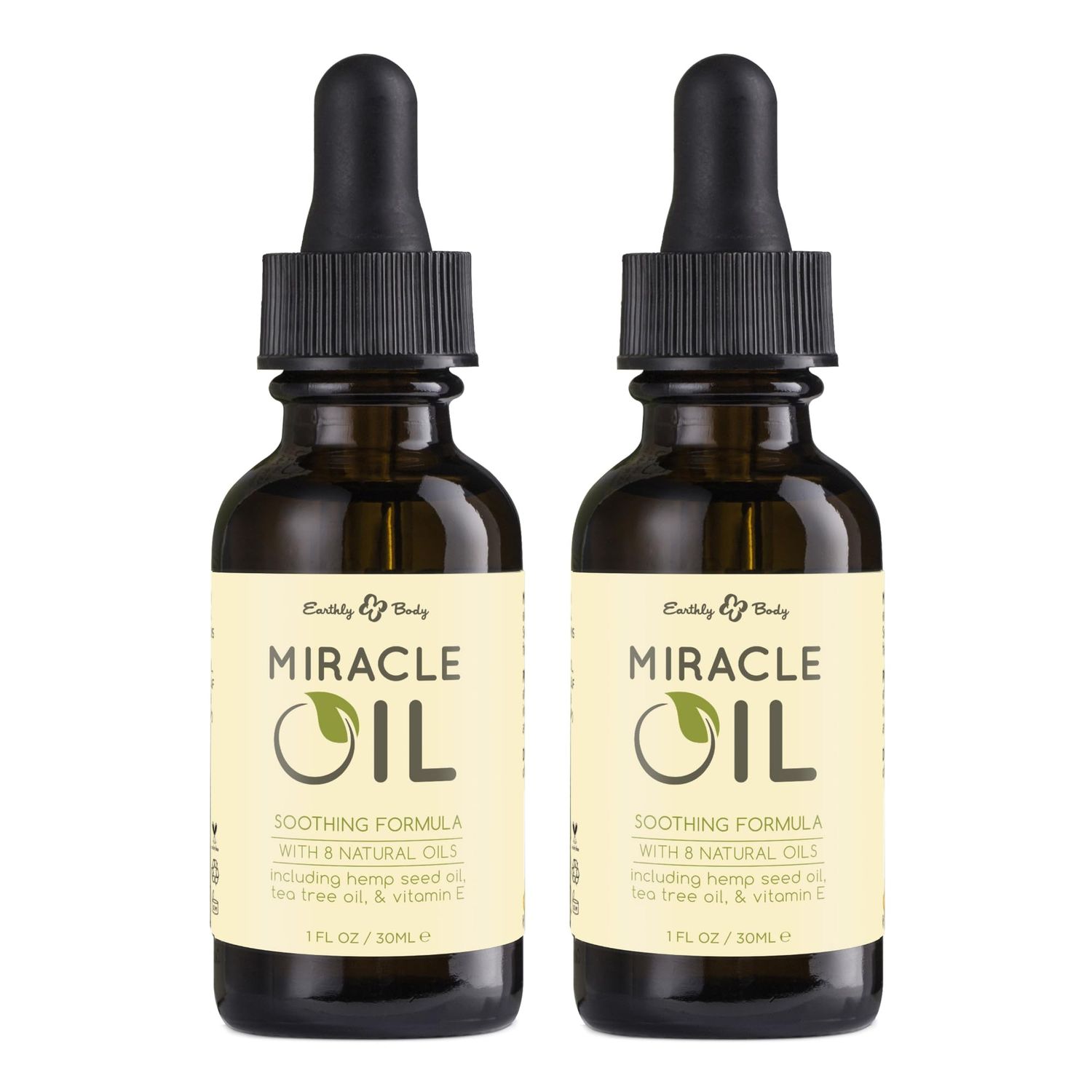 Earthly Body Miracle Oil, 1 fl. oz. - 2 Pack - 100% Natural Tea Tree Oil, Hemp Seed Oil &amp; Vitamin E - Moisturizer, Calms Skin Irritations, Helps Smooth Wrinkles - Gluten Free, 100% Vegan