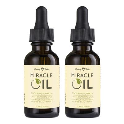 Earthly Body Miracle Oil, 1 fl. oz. - 2 Pack - 100% Natural Tea Tree Oil, Hemp Seed Oil &amp; Vitamin E - Moisturizer, Calms Skin Irritations, Helps Smooth Wrinkles - Gluten Free, 100% Vegan