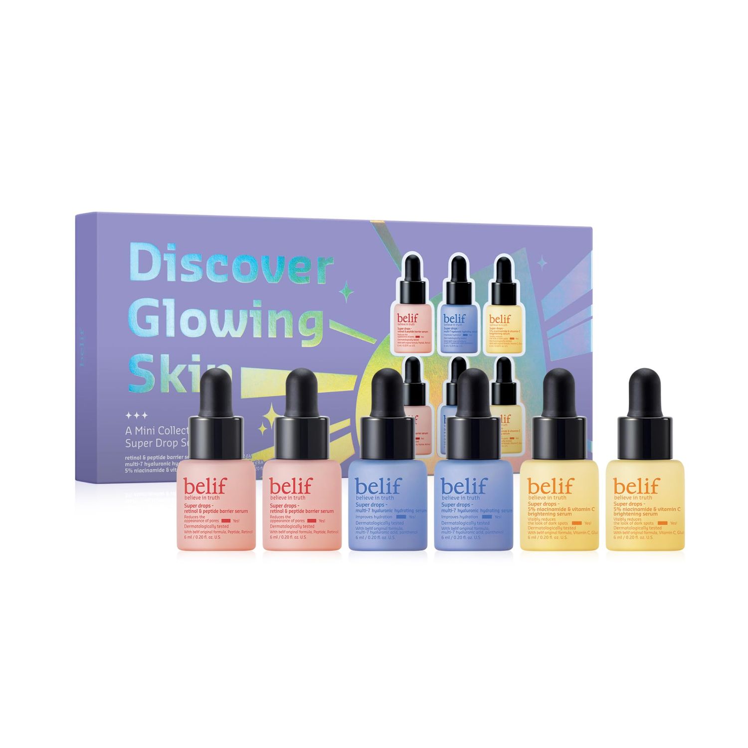 belif Discover Glowing Skin Mini Kit: Peptides Firming Serum, Multi7-Hyaluron Hydrating Serum, Vitamin C Serum, Super Drops Trial Set, Hyaluronic Acid, 5% Niacinamide, Retinol, Korean Skin Care