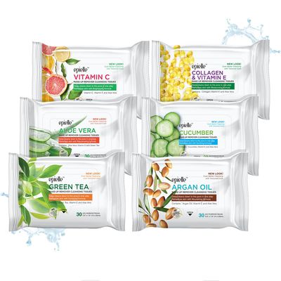 Epielle Gentle Skin Cleansing Wipes, 6 pack of 30 count each of Vitamin C, Cucumber, Aloe Vera, Collagen&amp;Vitamin E, Green Tea, and Argan, Alcohol-Free, Hypoallergenic, Natural Extracts, Oily Skin.