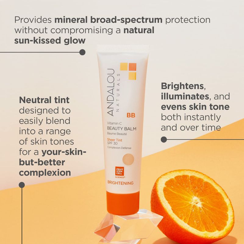 Andalou Naturals Vitamin C BB Beauty Balm Sheer Tint SPF 30, 2-in-1 BB Cream &amp; Face Sunscreen with Broad Spectrum Protection, Mineral Sunscreen with Non-Nano Zinc Oxide, 2 Fl Oz