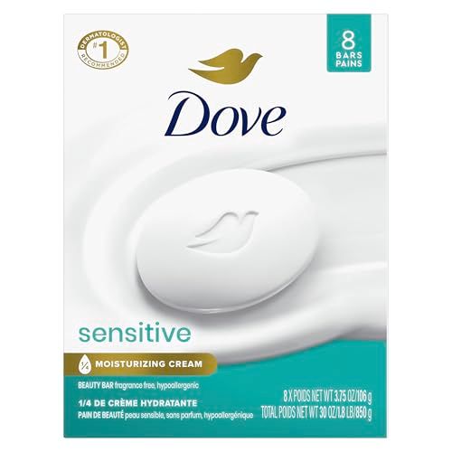 Dove Beauty Bar Soap Sensitive, 8 Bars for Sensitive Skin, Fragrance Free and Hypoallergenic 3.75 oz