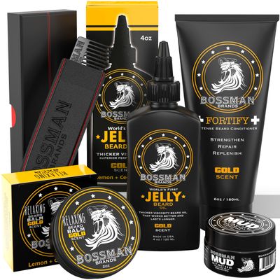 Bossman Complete Beard Kit - Men&#39;s Beard Oil Jelly, Fortify Shower Conditioner, Balm, Mustache Wax and Comb - Beard Softener, Growth, Care and Grooming Products Kit (Gold)
