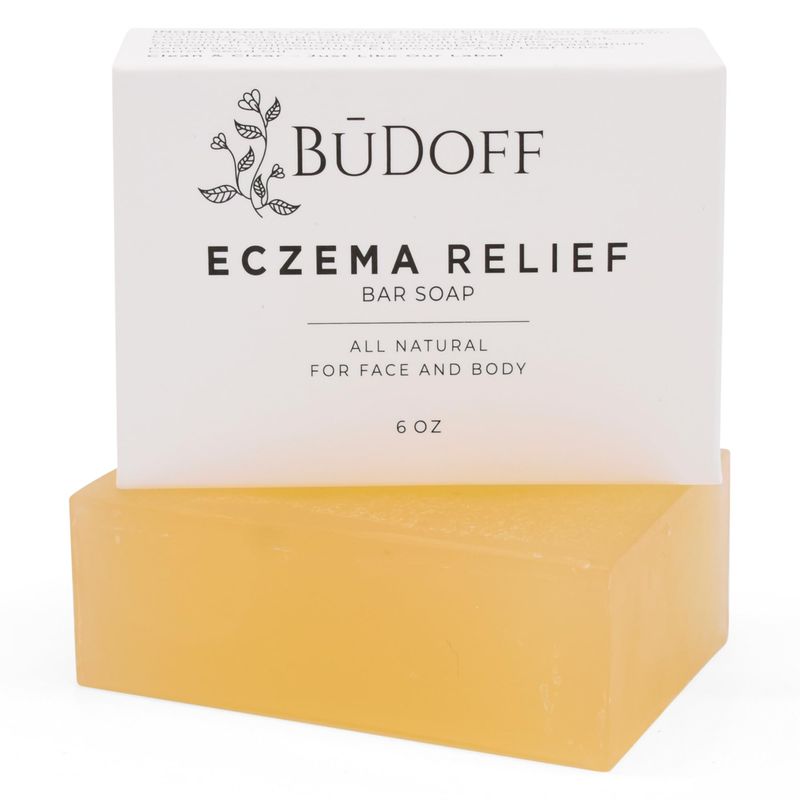 BUDOFF Eczema Relief Bar Soap | All Natural | Coconut Oil, Cucumber Oil, and Aloe Leaf Juice | For Face and Body | 6 Oz Bar Soap | Acne Psoriasis Fine Lines Blemishes Skin Care Treatment
