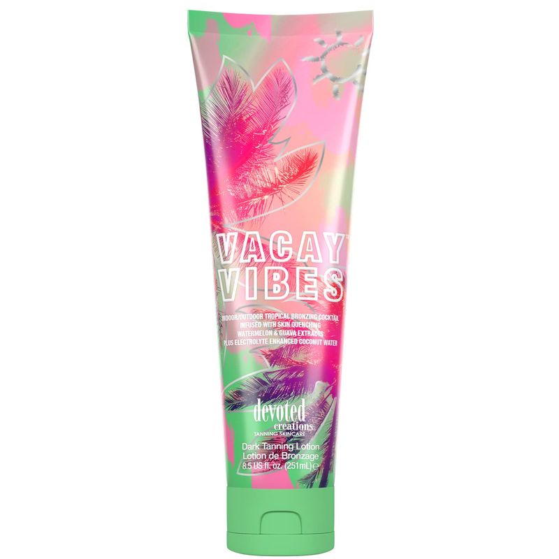 Devoted Creations Vacay Vibes Tanning Lotion - Indoor/Outdoor Tropical Bronzing Cocktail Infused with Skin Quenching Watermelon and Guava Extracts, plus Electrolyte Enhanced Coconut Water - 8.5 oz.